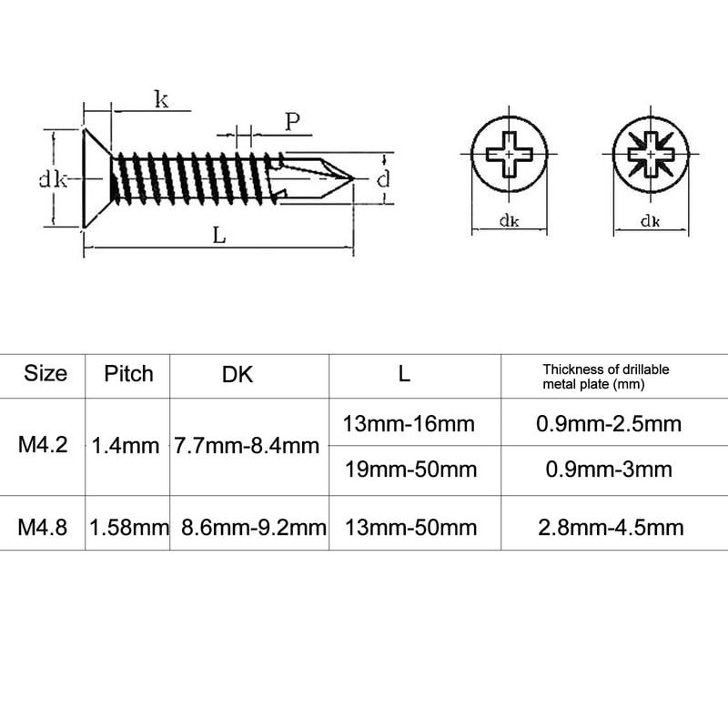 50 Pcs Self Drilling Countersunk Screws, 4.8 x 13mm Phillips