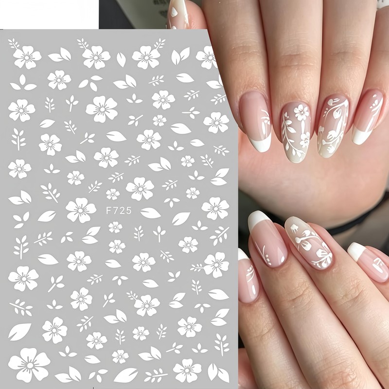 6Pcs White Flower Nail Stickers 3D Self-Adhesive Hibiscus Nail Decals