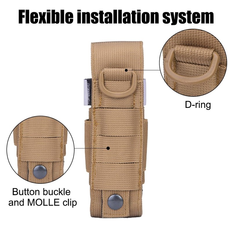 Molle Flashlight Holster, Tactical Torch Holder with Side Elastic Storage