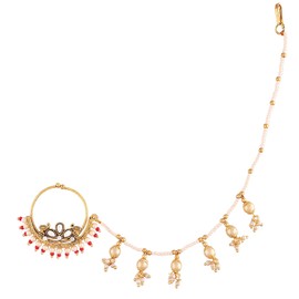 Aheli Pearls Hanging Nose Ring Nath with Chain Indian Traditional Bollywood Jewelry Gift for Women Red