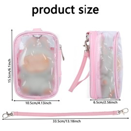 Figure Display Bag, Cute Display Carrier Storage Case PVC Keychain Pouch Clear Dustproof Protective Storage Bag with Hand Strap for Collectible Figures Plush Dolls (Pink)