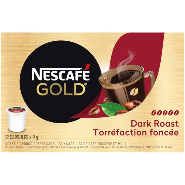 NESCAFÉ Gold Dark Roast Oscuro e Intenso (Paquete de 12 tazas), 12 unidades {Importado de Canada}