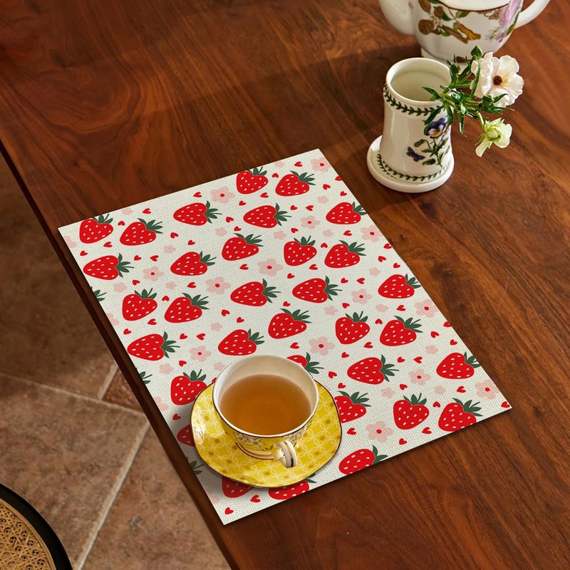 Red Cute Kids Fruit Strawberry Placemats Set of 4, Table