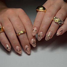 24pcs Almond Press on Nails Short Gold Bow Fake Nails with Designs Gold Letter False Nails Glue on Nails Full Cover Acrylic Nails Stick on Nails for Women Nail Decoration