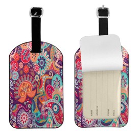 UESEU Floral Paisley Luggage Tag for Suitcases,Indian Style Colorful Flowers Paisley Ethnic Red PU Leather Baggage Tags Bag Tags Travel Id Label for Luggage Women Men -1 Piece