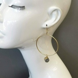 Earrings - Jewelry - for Women - Elegant - Gold Finish Hoop Style Hematite Oval Druzy Stone Charm