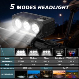 BUCKLOS 21 LED Super Bright Bike Lights for Night Riding, USB Rechargeable 900 Lumen Solar Bike Headlight with Battery Display & Remote Horn, IPX6 Waterproof 5 Modes MTB Road Commuting for Adult Kid