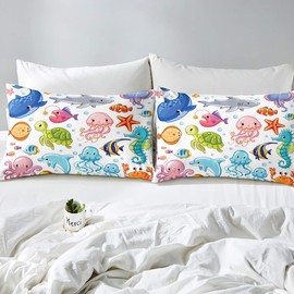 Kids Dolphin Fitted Sheet Cute Seahorse Jellyfish Bedding Set Cartoon Ocean Creature Bed Sheet Set for Children Boys Girls Marine Underwater Sealife Bed Cover Room Decor Twin Size