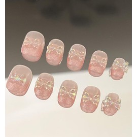 Handmade Press On Nails Short MouyouGlow, Squoval Round Kawaii Cute Pink Ombre Glitter 3D Bow Tie Bow Pink Gradient Shimmer Resuable Fake Nails, Handmade Artificial Fingernails, 10 Pieces, 503-S