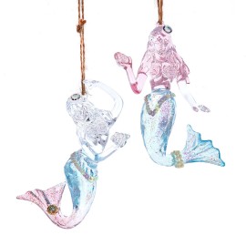KURT ADLER SET OF 2 PINK, CLEAR & BLUE ACRYLIC MERMAID CHRISTMAS ORNAMENTS T3661
