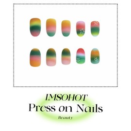 IMSOHOT Rainbow Press on Nails Short Oval Fake Nails Colorful Gradient Matte Acrylic Round False Nails Full Cover Glue on Nails for Women Girls Y2K DIY Nail Manicure 24Pcs Cute Star Stick on Nails