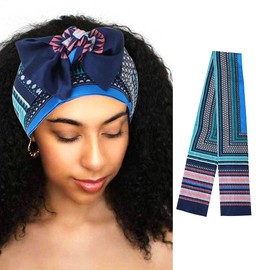 IYOU Vintage Edge Laying Scarf Blue Checkered Wigs Silk Headband Scarf Yoga Sport Satin Wig Grip Head Scarf for Women and Girls（4Pcs）