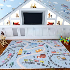 Lacomfy Kids Play Mat 6Ft Large Car Rug Blue Road Map Playroom Carpet Road Traffic Adventure Area Rug for Toddlers Boys Girls Children Educational Mat for Bedroom Nursery Decor, 4x6Ft, Blue