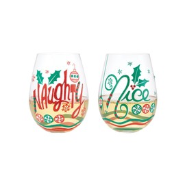 Enesco Lolita Christmas Naughty and Nice Hand-Painted Artisan Stemless Wine Glass Set, 20 Ounce, Multicolor