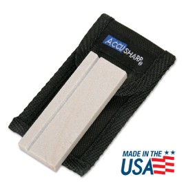 AccuSharp Pocket Stone Sharpener with Pouch, 3 Inch Dual-Sided Sharpening Stone for Knives, Fish Hooks, Camping, Hunting Knives, Restores, Repairs & Hones Blades, Natural