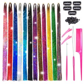 Tototoo Hair Tinsel 3000 Strands With Tools 44 Inch 12 Colors Fairy Hair Heat Resistant Glitter Hair Tinsel Strands Kit Sparkling Shiny Hair Extensions (12 Colors/3000 Stands)