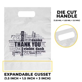 AlfaEx Pack of 40 Die Cut Thank you bags in various languages. Strong and reusable for small businesses and gift items. (White, Small (9" x 12" x 1.5" gusset))