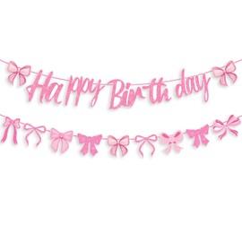 Pink Bow Happy Birthday Banner Garland, Coquette Birthday Banner for Women Girl Bow Themed Party Decorations