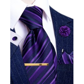 YourTies Purple Mens Tie Set Silk Striped Necktie with Lapel Pin Pocket Square Cufflinks Set for Wedding Party Business