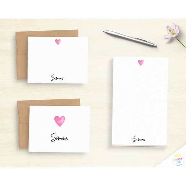 Personalized Heart Stationery - Note Card And Notepad Stationery Set
