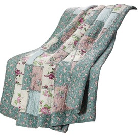 Chezmoi Collection Abbi 1-Piece Garden Floral Shabby Chic Throw Pre-Washed Cotton Ruffle Trim Patchwork Throw Blanket