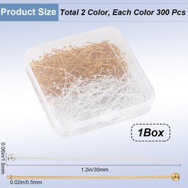 SOFPLATE 1 Box 600Pcs Gold Earring Pins Silver Head Pin Jewellery Brass Small Round Ball Head Pin Findings Long Headpins for Jewellery Making Earrings Charms Bracelets Accessories Supplies DIY Crafts