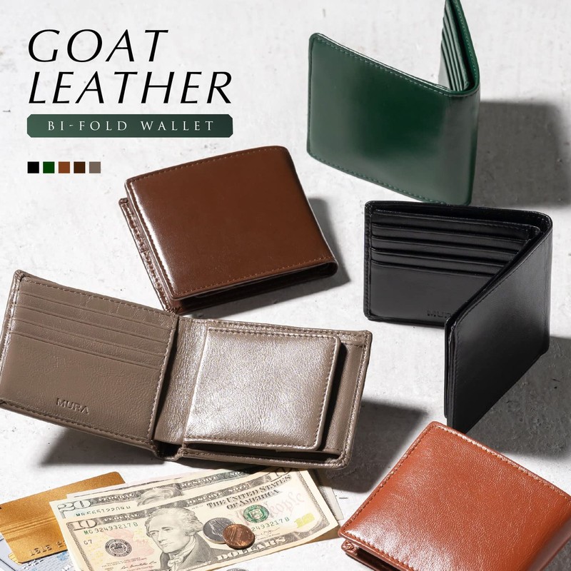 Mura Men's Bi-fold Wallet, Genuine Leather, Coin Purse, Prevents Skimming,