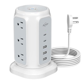 Flat Plug Power Strip Tower with 9 Outlets and 5 USB Ports (2 USB C), AiJoy 1200J Surge Protector Tower with 6.5 Feet 1625W/13A Extension Cord with Multiple Outlets for Home Office Dorm
