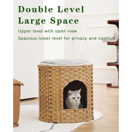 SETVSON Cat House for Indoor Cats, Large Double Cat Houses Cat Bed Cave, Handwoven Rattan Pet Beds with Double-Sided Soft Pad, 17 x 17 x 17 Inches Foldable Kitten Hideaway in Living Room Natural