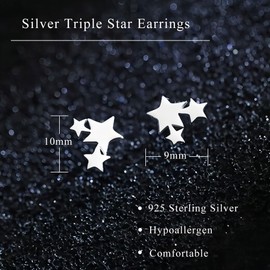 Cangall Silver Star Stud Earrings for Women, 925 Sterling Silver Triple Star Stud Earrings, Small Dainty Cartilage Starburst Climbers Earrings Flat Star Sleeper Ear Crawlers Stud Earrings for Girls