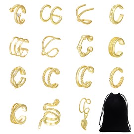 Pack of 15 Gold Clip On Earrings with 1 Storage Bag, Ear Clips, Women's Ear Cuffs, Earrings, Cartilage Ear Cuffs, Pierced Ears, Wrap Earrings. (Gold), Metal