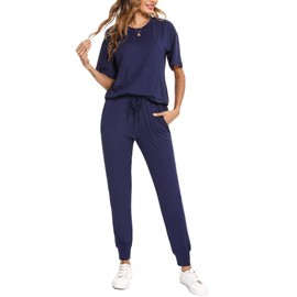 Irevial Women's Tracksuit Short Sleeve/Long Sleeve Cotton Two-Piece Tracksuit Set Crew Neck Jogging Suit Plain Sports Suit Leisure Suit 2-Piece Leisure Suit, A-navy blue