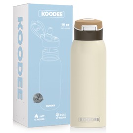 koodee Kids 16oz Free-sip Insulated Stainless Steel Owal Water Bottles with Soft Straw,Quick Flip GO Bounce Cup Thermo-flask,Pop & Fill Double-Wall Vacuum Bottle,for School, Sports,Travel(Cream Cocoa)