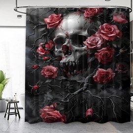 Famiffty - Cortina de ducha con calavera de rosa roja de 60 pulgadas de ancho x 72 pulgadas de largo, divertido océano, clásico, tortuga, baño, burbujas, pato amarillo, accesorios de baño, decoración