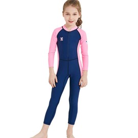 Girls Color Block One Piece Swimsuit Kids Long Sleeve Rash Guard Sunsuit Zipper Swimwear Diving Wetsuit Mock Neck Full Jumpsuit Surfing Beachwear Bathing Suit with UPF 50+ Sun Protection Navy Blue 6-7