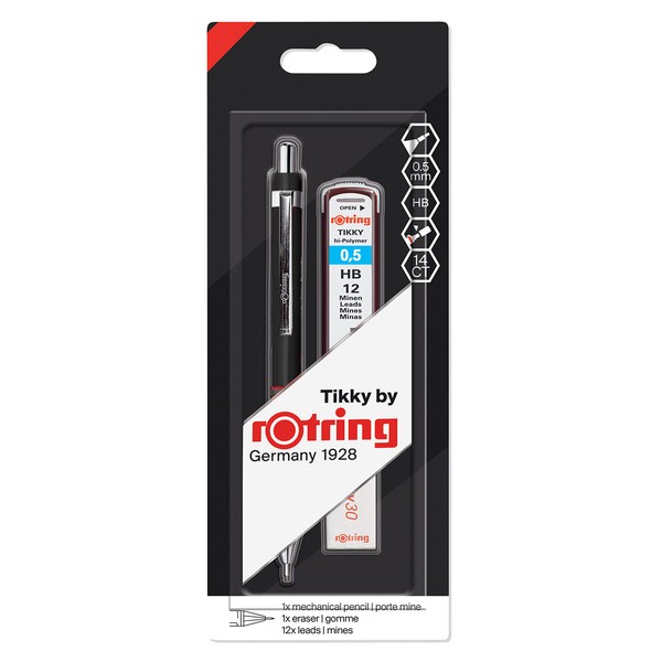 rOtring Tikky Mechanical Pencil Set, HB 0.5 mm, Black Barrel, Includes 12 Leads and Eraser
