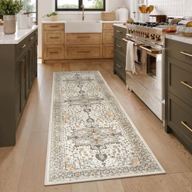 Rugflix 2x6 Runner Rug for Hallway, Washable Kitchen Runner Non Slip, Vintage Low Pile Entryway Carpet, Soft Stain Resistant Long Laundry Room Rug for Stairs, Bedroom, Taupe Brown