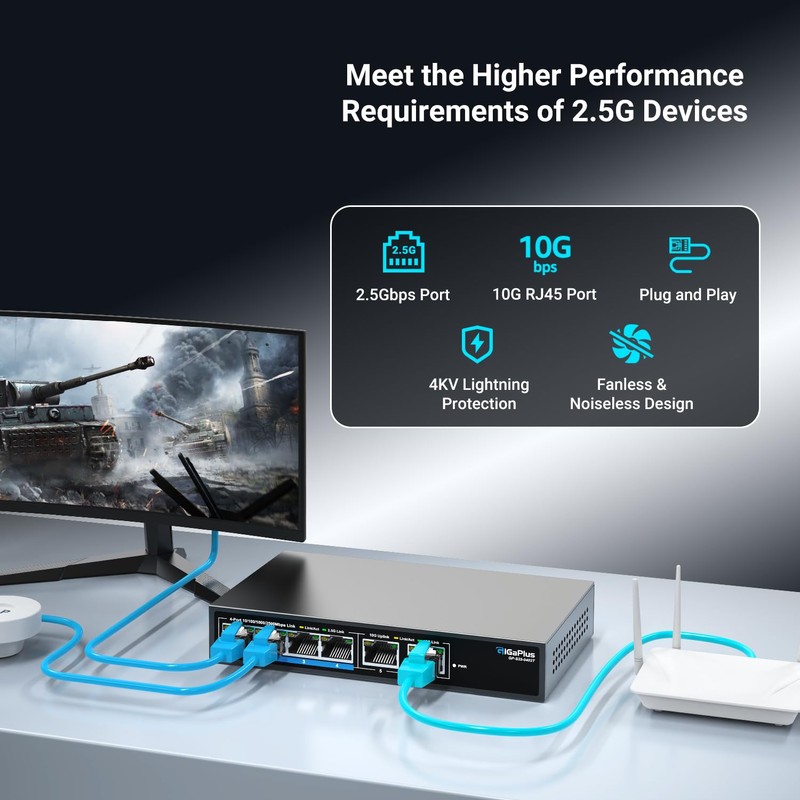 6 Ports 10Gb Unmanaged Ethernet Switch with 4*2.5G Base-T Ports,