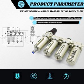 Jecoupoon 1/2" & 3/4" NPT Industrial Grade 4 Stage Gas Drying System, Coalescing Filter, Desiccant Dryer, Auto Drain, Compatible with Paint Spray, Plasma Cutter (Auto Version,3/4" NPT)