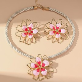 Dainty Flowers Necklace Earrings Set Hollow Big Floral Dangle Earring Trendy Boho Flower Choker Necklace Floral Jewelry Gifts for Women Mother, Middle, Metal, No Gemstone