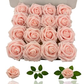 Dailuee Artificial Roses Flowers 16Pcs Real Touch Roses with Stem Foam Fake Roses for DIY Wedding Bouquets Centerpieces Arrangement Party Baby Shower Home Decorations (Pink Champagne)