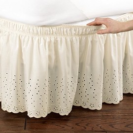 Collections Etc Eyelet Floral Scalloped Elastic Dust Ruffle Bed Skirt, Wrap-Around Easy Fit Design, Ivory, Twin/Full