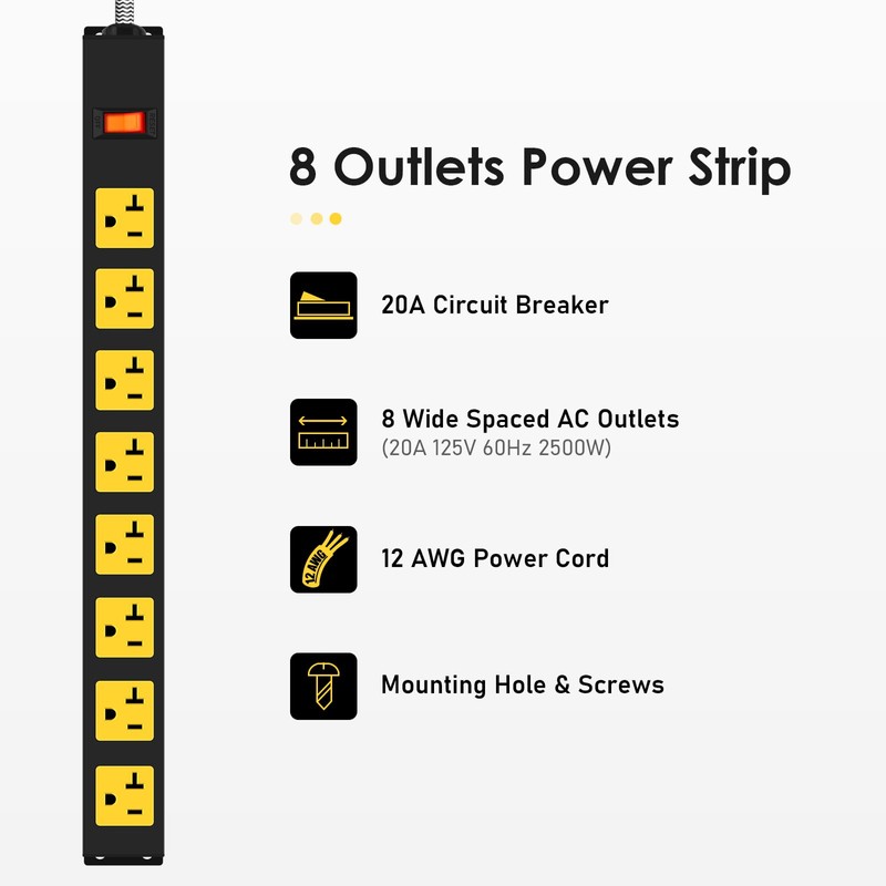 20Amp Power Strip Surge Protector, Durable Metal 8-Outlets with Heavy