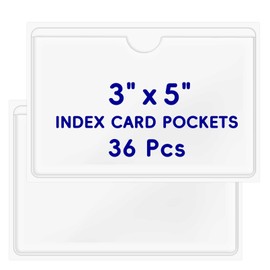 Jauisus 36 Pcs Adhesive Index Card Pockets with Top Open, Self Adhesive Label Holders for 3" x 5" Index Card, Clear Adhesive Pockets for Storage Bins, Note Cards, Lockers, Library (3.74 x 5.3 Inches)