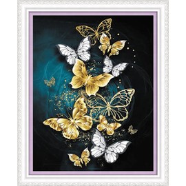 YEESAM ART Pre Printed Cross Stitch Kits for Adults Beginners, Butterflies Gold White Butterfly Rose 11CT Stamped 36X46cm Embroidery Kit Wall Art Home Decor