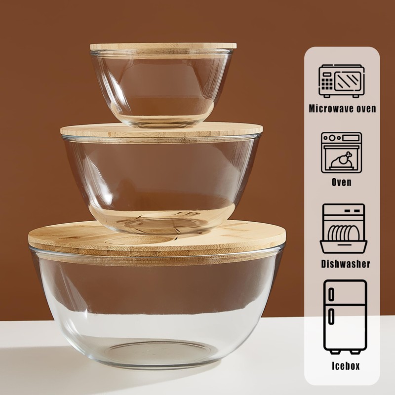 ECWAY Glass Salad Bowls with Bamboo Lids & Utensils Set