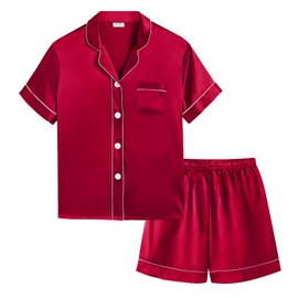 SWOMOG Kids Satin 2 Piece Pyjamas Sets Soft Short Sleeve Teen Girls Boys Sleepwear Button Down Top and Shorts Age 8-9,Red