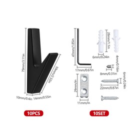 JINTANG Set of 10 Coat Hooks Black Matt Acoustic Panels Acoustic Panels Coat Rack Wall Hooks for Bathrooms, Kitchens, Foyers and Hallways, Capacity of Charge 20 kg