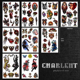 CHARLENT Unisex Vintage American Traditional Temporäre Tattoos - 9 Blätter Große Old School Fake Tattoos für Erwachsene Männer Frauen