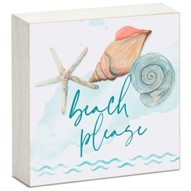 CounterArt "Beach Please Shells" Artistic Solid Wood Block Sign 3.75” x 3.75” Made in the USA For Office or Home Design